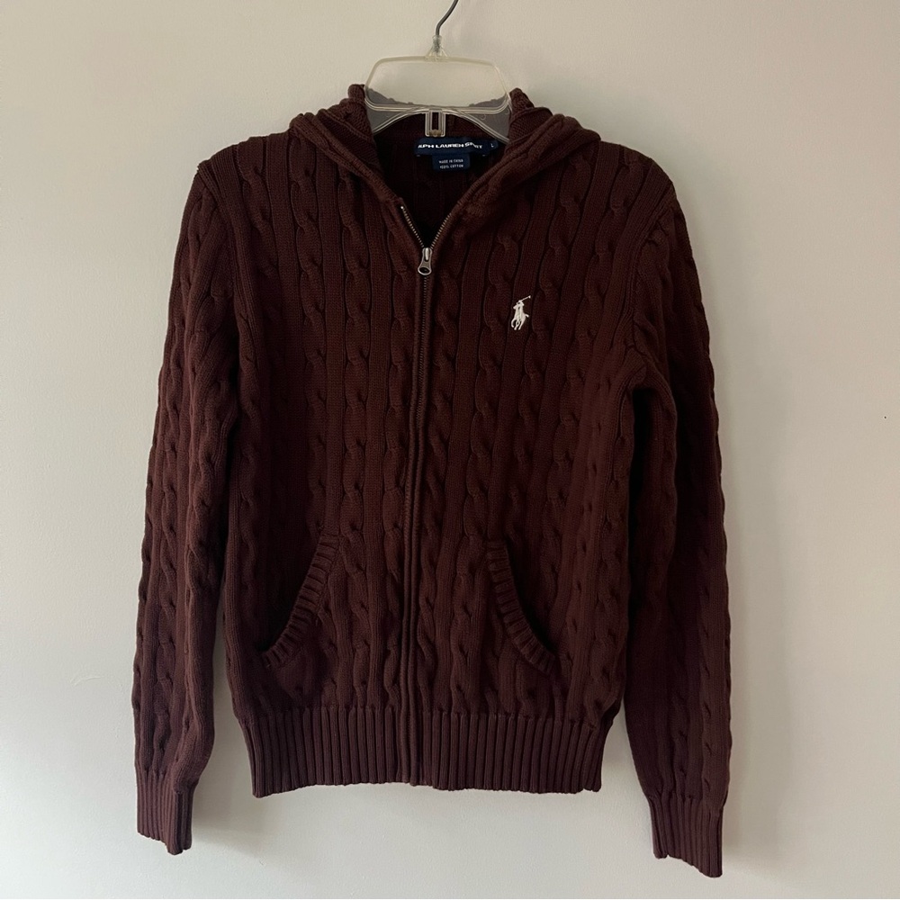 Ralph Lauren Sport Cable Knit Sweater Chocolate Brown Large Hoodie